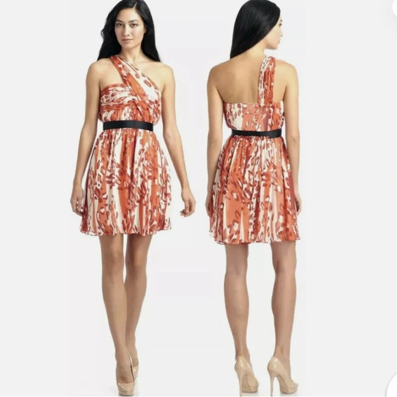 CYNTHIA STEFFE Paloma Orange White 100% Silk One Shoulder dress 6 - Picture 1 of 6